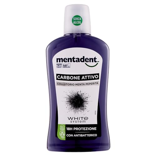 Mentadent Collutorio White System Carbone Attivo per una Protezione Antibatterica di 18h con un Delicato Gusto di Menta Piperita, 500 ml