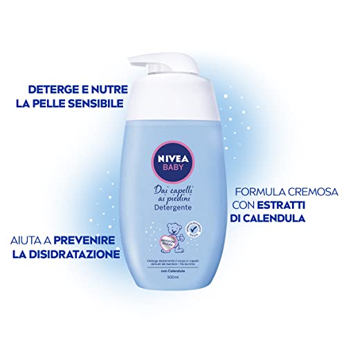 NIVEA BABY Detergente dai Capelli ai Piedini 500 ml, Shampoo bambini corpo e capelli, Doccia shampoo delicato e ipoallergenico, Detergente bambini con Calendula naturale