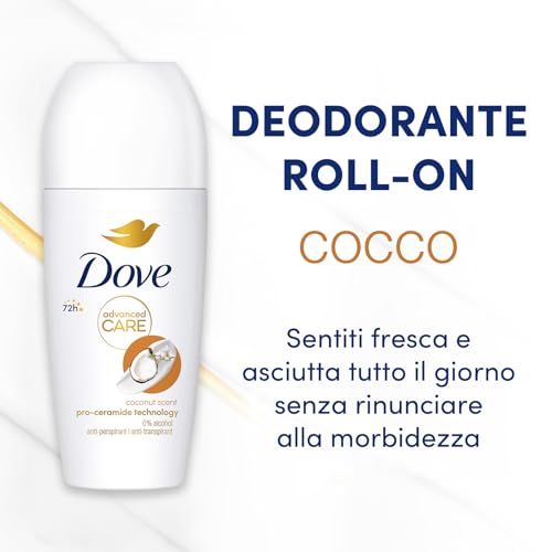 Dove, Deodorante Roll On Advanced Care Cocco, Deodorante Antitraspirante, Formula Delicata Con Tripla Azione Idratante, Protezione Fino a 48 Ore, Deodorante Uomo e Donna, 50 ml