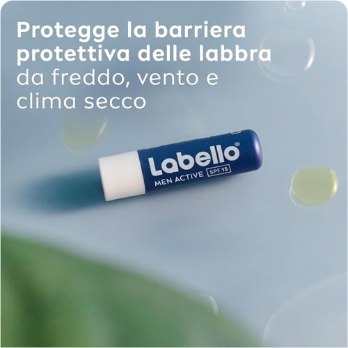 Labello Active For Men 4.8 g, Burrocacao labbra SPF15, Balsamo labbra idratante con burro di karité e oli naturali, Burrocacao protezione solare fondente sulle labbra