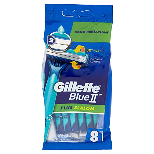 Procter & Gamble Gillette Blue II Plus Slalom Confezione da 8 Lamette Barba Usa e Getta, Lame rivestite in cromo, Manico Scorrevole, Meno Irritazioni