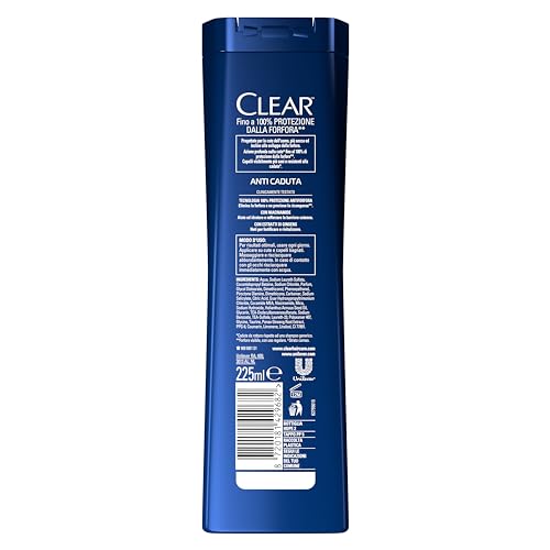 Clear Shampoo Anticaduta, Shampoo Antiforfora Uomo con Niacinamide ed Estratti di Ginseng, Shampoo Azione Rinforzante* per Capelli Fragili, Fino a 100% Protezione dalla Forfora*, Formato 225ml
