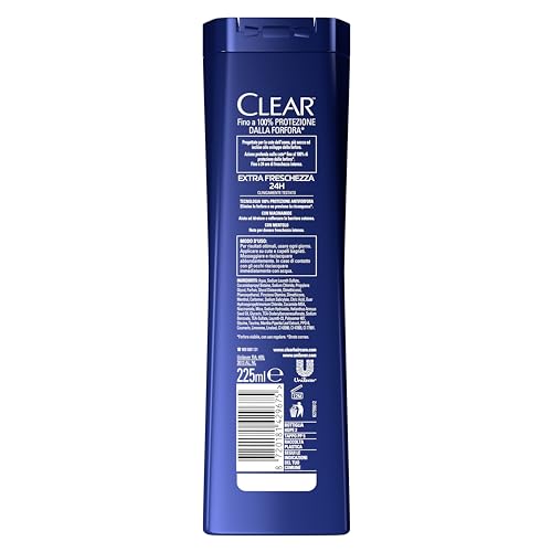 Clear Shampoo Extra Freschezza 24h, Shampoo Antiforfora con Niacinamide e Mentolo, Dona una Sensazione di Freschezza, Shampoo Uomo, Fino a 100% Protezione dalla Forfora*, Formato 225ml