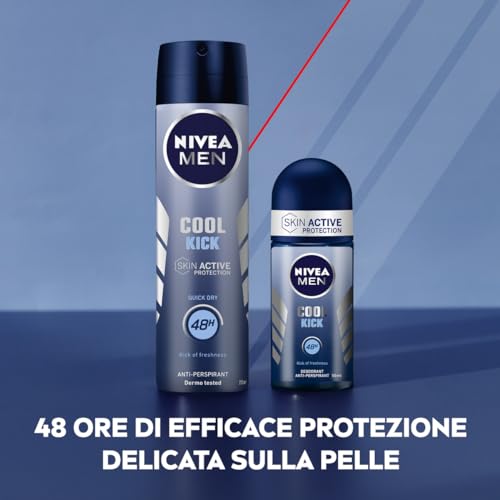 NIVEA Men Cool Kick Roll-on Deodorante antitraspirante in confezione da 6 x 150ml, Deodorante uomo con formula Cool-Care, Deo roll per 48 h di intensa freschezza