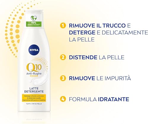 NIVEA Q10 Power Latte Detergente Viso + Antirughe da 200 ml, Detergente viso Idratante Anti-Età con Q10 e Creatina, Struccante viso idratante per pelle sensibile