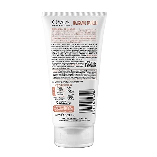 Omia, Balsamo Capelli Eco Bio con Mandorla di Sicilia per Capelli e Cute Sensibile, Formula Delicata, Balsamo per Lavaggi Frequenti, Senza Siliconi e SLES, Flacone da 180 ml