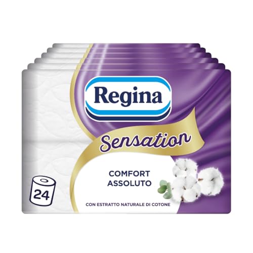 Regina Sensation - Rotoli di Carta Igienica, 160 Soffici Strappi a 3 Veli, Morbida e Resistente, Con Estratto Naturale di Cotone, Confezione con il 60% di Plastica Riciclata, Certificata FSC