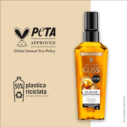 Schwarzkopf Gliss Oil Elixir Quotidiano 75ml, Olio capelli nutriente e idratante arricchito con HAPTIQ System, Siero capelli danneggiati e secchi