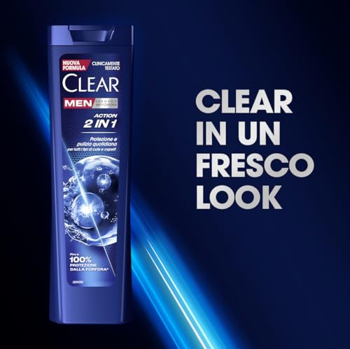 Clear Shampoo Action 2in1, Shampoo Antiforfora con Niacinamide ed Agenti Attivi Condizionanti, Shampoo Uomo Adatto per Uso Quotidiano, Fino a 100% Protezione dalla Forfora*, Formato 225ml