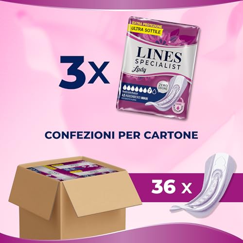 Lines Specialist Lady Maxi, Assorbenti per Incontinenza Donna, con Tecnologia Zero Odore e Barriere Laterali Protettive, Scorta Mensile, 3 Confezioni da 12 Unità