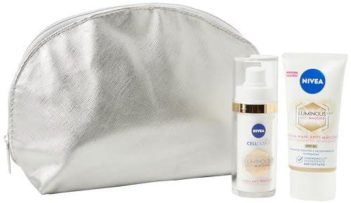 NIVEA CELLULAR LUMINOUS630 Kit Trattamento Avanzato Viso & Mani, Siero Viso Anti Macchie 30ml e Crema Mani Anti-Macchie 50ml, Skincare Routine per Viso e Mani con Pochette Omaggio Inclusa
