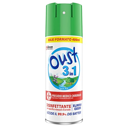 Oust 3 in 1 Spray Elimina Odori Disinfettante per Tessuti d'Arredo e Superfici, Uccide il 99,9% dei Batteri, 1 Confezione da 400ml