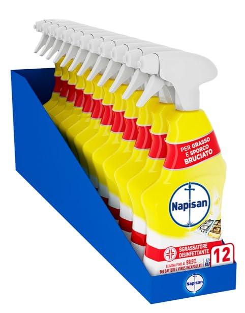 Napisan Spray Sgrassatore Disinfettante al Limone, Confezione da 12 pz da 740 ml di Sgrassatore Disinfettante, Spray da 740 ml