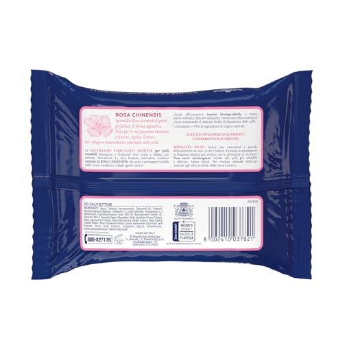 Acqua alle Rose, Salviettine Struccanti Lenitive per Pelli Sensibili, con Estratto di Rosa Chinensis con Azione Protettiva e Struccante sul Viso, Occhi e Labbra, 20 Salviettine
