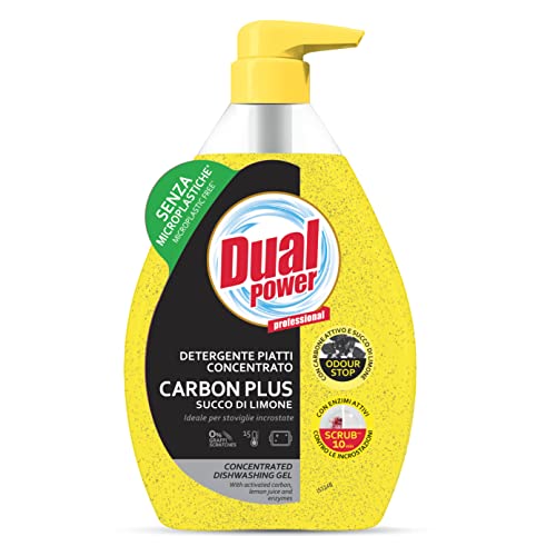 Dual Power Carbon Plus, Detergente Piatti Concentrato con Succo di Limone ad Elevato Potere Sgrassante, Ideale per Stoviglie Incrostate, Senza Microplastiche, Made in Italy