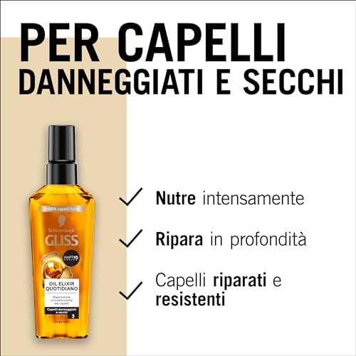 Schwarzkopf Gliss Oil Elixir Quotidiano 75ml, Olio capelli nutriente e idratante arricchito con HAPTIQ System, Siero capelli danneggiati e secchi