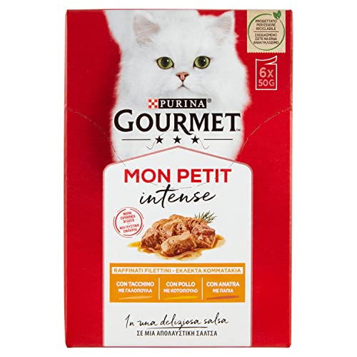 GOURMET Mon Petit Intense Cibo Umido per Gatti Adulti Filettini in salsa con Anatra, Pollo e Tacchino 6 Buste da 50g
