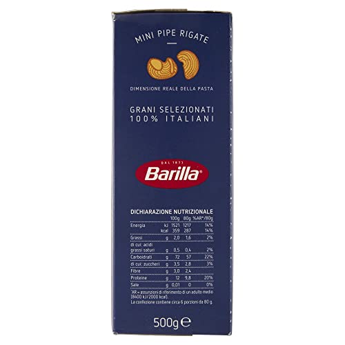 Barilla Pasta Mini Pipe Rigate Piccolini, Pasta Corta di Semola di Grano Duro 100% Italiano, 500 gr