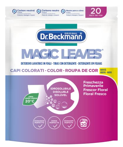 Dr. Beckmann MAGIC LEAVES Detersivo Lavatrice in fogli CAPI COLORATI | Facile da usare, facile da riporre & da trasportare | 20 fogli