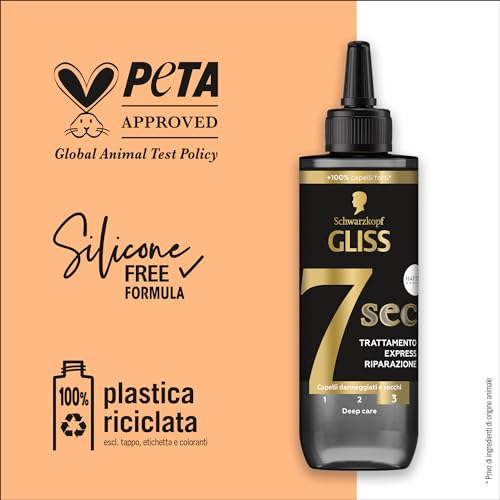 Schwarzkopf Gliss 7 Sec Trattamento Express Riparazione 200ml, Trattamento capelli con Keratina Liquida ed Estratto di Perla Nera, Trattamento alla Cheratina per capelli danneggiati e secchi