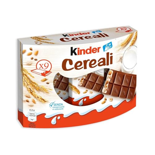 Kinder Cereali, 9 Tavolette di Cioccolato Puro Cacao, Snack Dolce Ripieno al Latte e 5 Cereali Soffiati e Tostati, 211.5 gr