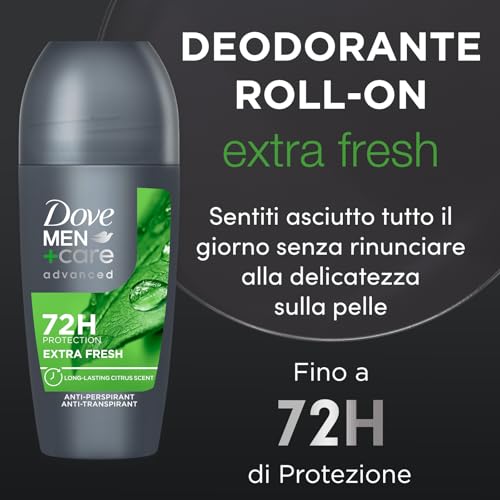 Dove Men+Care Deodorante Roll On Advanced Care Extra Fresh, Deodorante Uomo Antitraspirante Senza Alcol, con 1/4 di Crema Idratante, Protezione Fino a 72 Ore, 50 ml