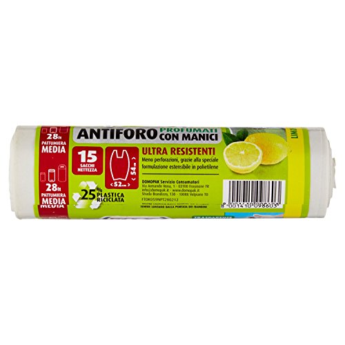 Domopak - Spazzy, Sacchi Nettezza Ultra Resistenti, Profumati al Limone, con Manici, 52x54 cm - 6 confezioni da 15 sacchi [90 sacchi]