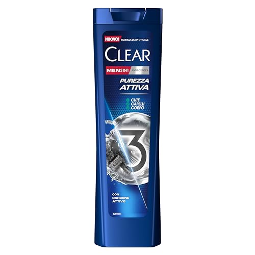 Clear Shampoo Purezza Attiva 3in1, Shampoo Antiforfora con Carbone Attivo e Acido Ialuronico per Capelli, Cute e Corpo, Shampoo Uomo, Fino a 100% Protezione dalla Forfora*, Formato 225ml