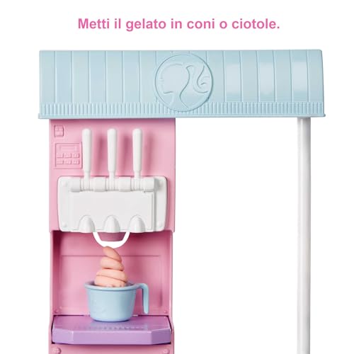 Barbie - Playset Gelateria con Bambola con Macchina per Gelato, Accessori, 2 Tipi di Pasta Modellabile, Giocattolo e Regalo per Bambini 4+ Anni, HCN46