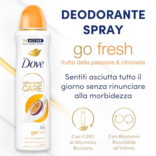 Dove Deodorante Spray Advanced Care Go Fresh Passion Fruit, con Formula Idratante e Delicata sulla Pelle, Senza Alcol, Pelle Asciutta Fino a 72 Ore, Deodorante Uomo e Donna, 150ml