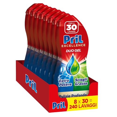 Pril Duo Gel, Detersivo lavastoviglie Gel, Azione Sciogligrasso con Limone, Formato da 8 Confezioni da 30 Lavaggi, totale 240 Lavaggi