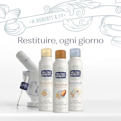 Neutro Roberts, Deodorante Spray Pelle Sensibile, Zero Sali di Alluminio, Zero Alcol, con Puro Olio di Glicerina, Per Pelli Sensibili, Dermatologicamente testato, 150 ml, 48h