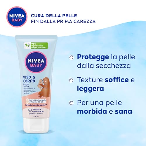NIVEA BABY Viso & Corpo Crema Soffice 200ml, Crema corpo bambini idratante e nutriente, Crema viso neonato con Latte di Mandorla e Vitamine, Crema corpo neonato contro disidratazione e secchezza
