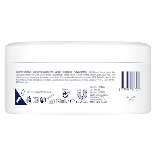Dove - Crema peeling per doccia, per una pelle liscia e setosa, melograno e burro di karitè, con consistenza ricca, confezione da 4 x 225 ml