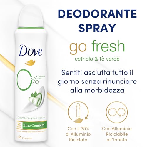 Dove Deodorante Spray Advanced Care 0% Go Fresh Cetriolo, Senza Alcol e Sali di Alluminio, Formula Idratante e Delicata, Pelle Asciutta Fino a 48 Ore, Deodorante Uomo e Donna, 150ml