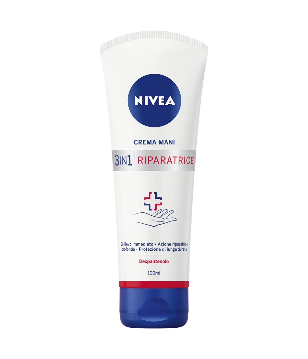 NIVEA Crema Mani Riparatrice 3in1 da 100 ml, Crema mani secche, arrossate e screpolate con Dexpanthenolo, Formula riparatrice e nutriente