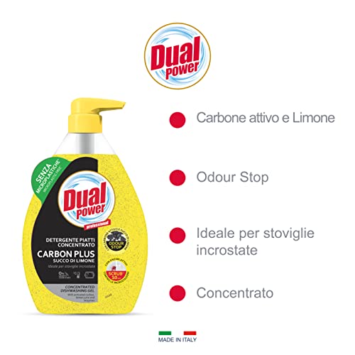 Dual Power Carbon Plus, Detergente Piatti Concentrato con Succo di Limone ad Elevato Potere Sgrassante, Ideale per Stoviglie Incrostate, Senza Microplastiche, Made in Italy