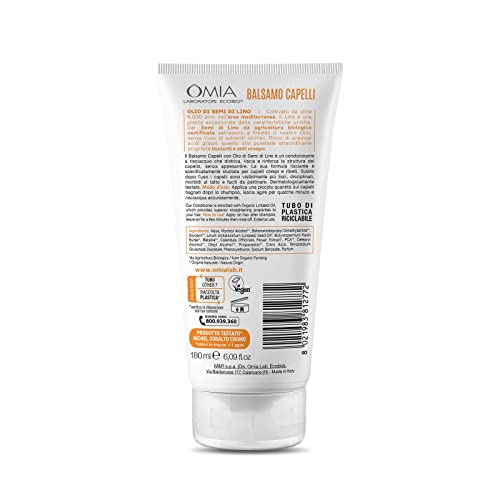 Omia, Balsamo Capelli Eco Bio con Olio di Semi di Lino, Per Capelli Crespi, Lisciante e Disciplinante, Adatto ad un Uso Frequente, Senza Siliconi, Dermatologicamente Testato - Flacone da 180 ml