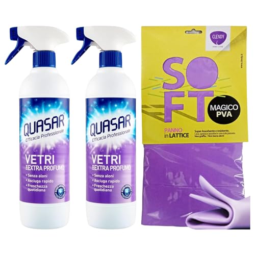 SET QUASAR: Detergente, VETRI Con EXTRA PROFUMO. Senza Aloni, Asciuga Rapido, Freschezza Quotidiana 580ml