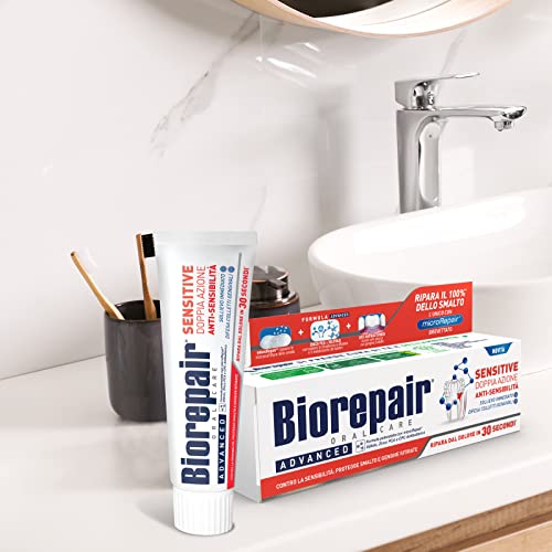 Biorepair, Dentifricio Advanced Sensitive, Doppia Azione Anti-Sensibilità, Protegge le Gengive, con MicroRepair e CPC Antibatterico, Contrasta la Recessione Gengivale