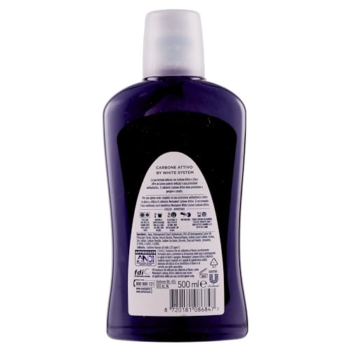 Mentadent Collutorio White System Carbone Attivo per una Protezione Antibatterica di 18h con un Delicato Gusto di Menta Piperita, 500 ml