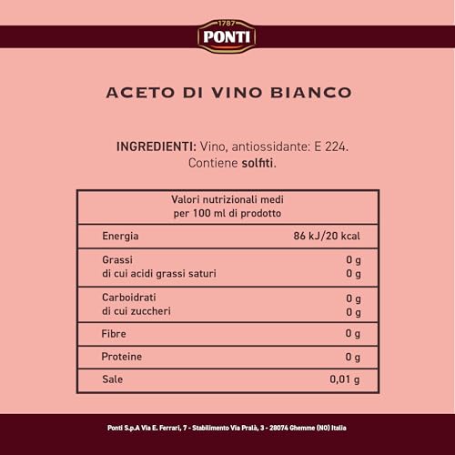 Ponti, Aceto di Vino Classico Bianco, Realizzato con Vini Selezionati, Ideale per Accompagnare Verdure Crude e Cotte, Acidità 6%, 100% Made in Italy, 12 Bottiglie in PET da 1L