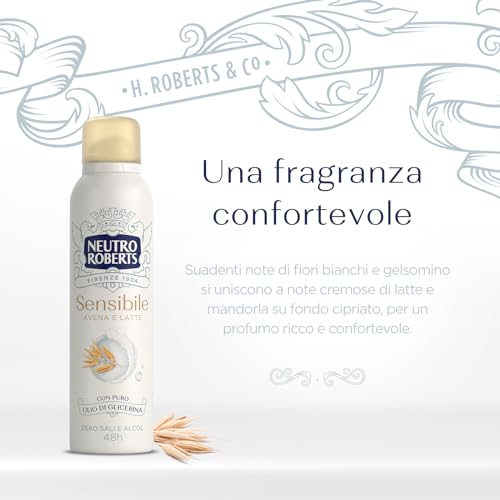 Neutro Roberts, Deodorante Spray Pelle Sensibile, Zero Sali di Alluminio, Zero Alcol, con Puro Olio di Glicerina, Per Pelli Sensibili, Dermatologicamente testato, 150 ml, 48h