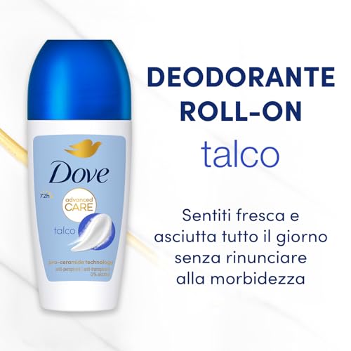 Dove, Deodorante Roll On Advanced Care Talco, Deodorante Antitraspirante, Formula Delicata Con Tripla Azione Idratante, Protezione Fino a 48 Ore, Deodorante Uomo e Donna, 50 ml