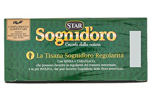 Sogni d'oro Tisana Regolarità, confezione da 20 Filtri, con senna e tarassaco, solo ingredienti naturali. Favorisce l'equilibrio della flora intestinale.