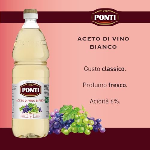 Ponti, Aceto di Vino Classico Bianco, Realizzato con Vini Selezionati, Ideale per Accompagnare Verdure Crude e Cotte, Acidità 6%, 100% Made in Italy, 12 Bottiglie in PET da 1L