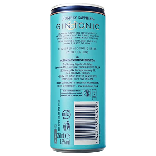 Bombay Sapphire Premium Gin & Tonic, Vol. 6,5%, 12 x 25 cl / 250 ml, cocktail pronto da bere premiscelato in lattina, London Dry Gin infuso al vapore, aromi naturali e acqua tonica premium