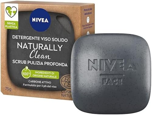 NIVEA NATURALLY CLEAN Scrub Viso Solido Pulizia Profonda 75 g, Peeling viso 100% naturale con Carbone Attivo e Acido Citrico, Scrub detergente viso con formula vegana
