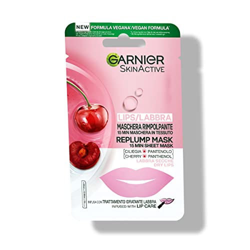 Garnier Maschera in Tessuto per Labbra, Formula Super Idratante e Rimpolpante, Con Ciliegia e Pantenolo, Confezione da 1