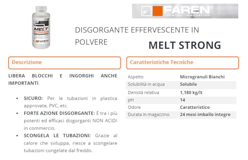 Faren MELT STRONG, Disgorgante Granulare Effervescente,Stura Wc Lavandino,Elimina i cattivi odori, 600gr